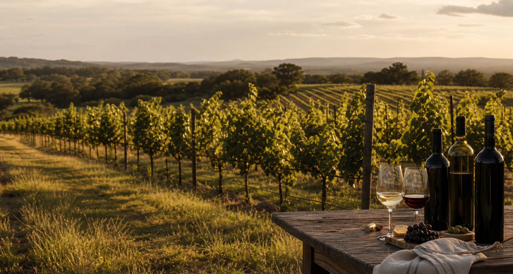 Rows of grapevines at golden hour with wine bottles on a rustic table.